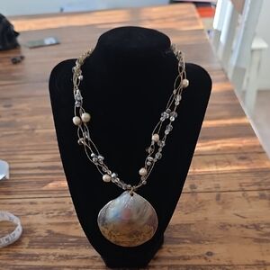 Gold-Tone Shell Pendant Necklace with Pearls and Crystal Beads